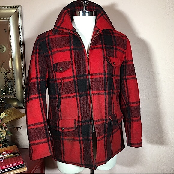 Vintage 1940’s Lumberjack Wool Red and Black Plaid Cabincore Pea Coat